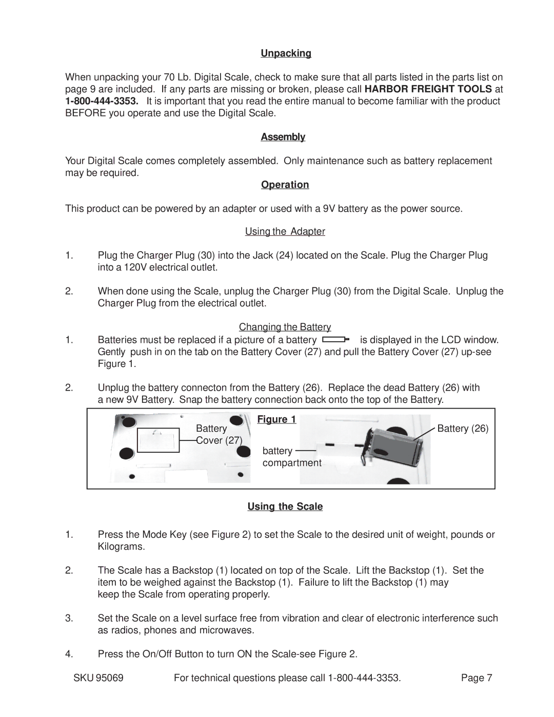 Harbor Freight Tools 95069 operating instructions Unpacking, Assembly, Operation, Using the Scale 