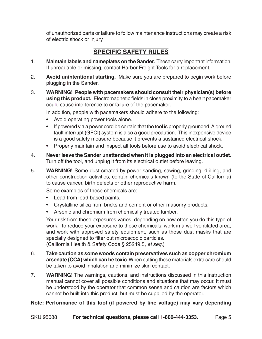 Harbor Freight Tools 95088 manual Specific Safety Rules 