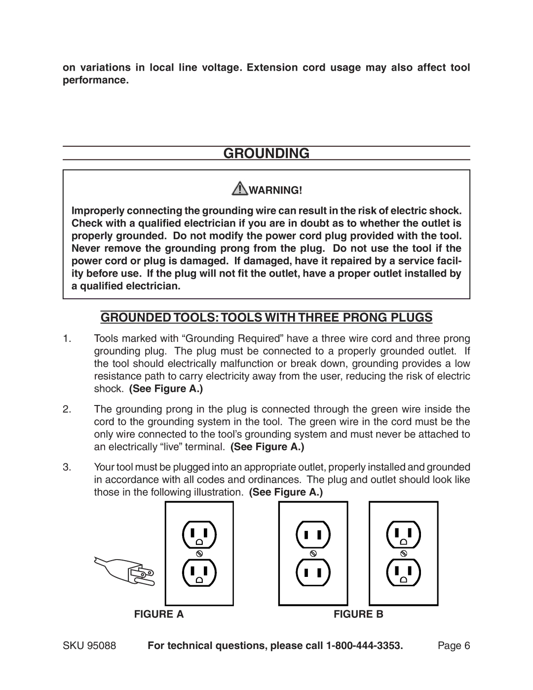 Harbor Freight Tools 95088 manual Grounding, Grounded Tools Tools With Three Prong Plugs 