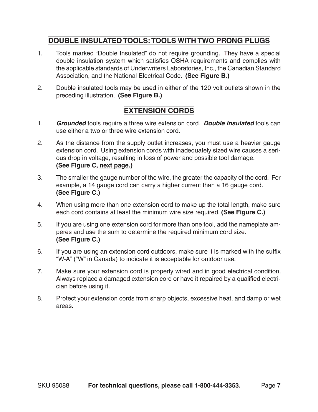 Harbor Freight Tools 95088 manual Double Insulated Tools Tools With Two Prong Plugs, Extension Cords, See Figure C, next 