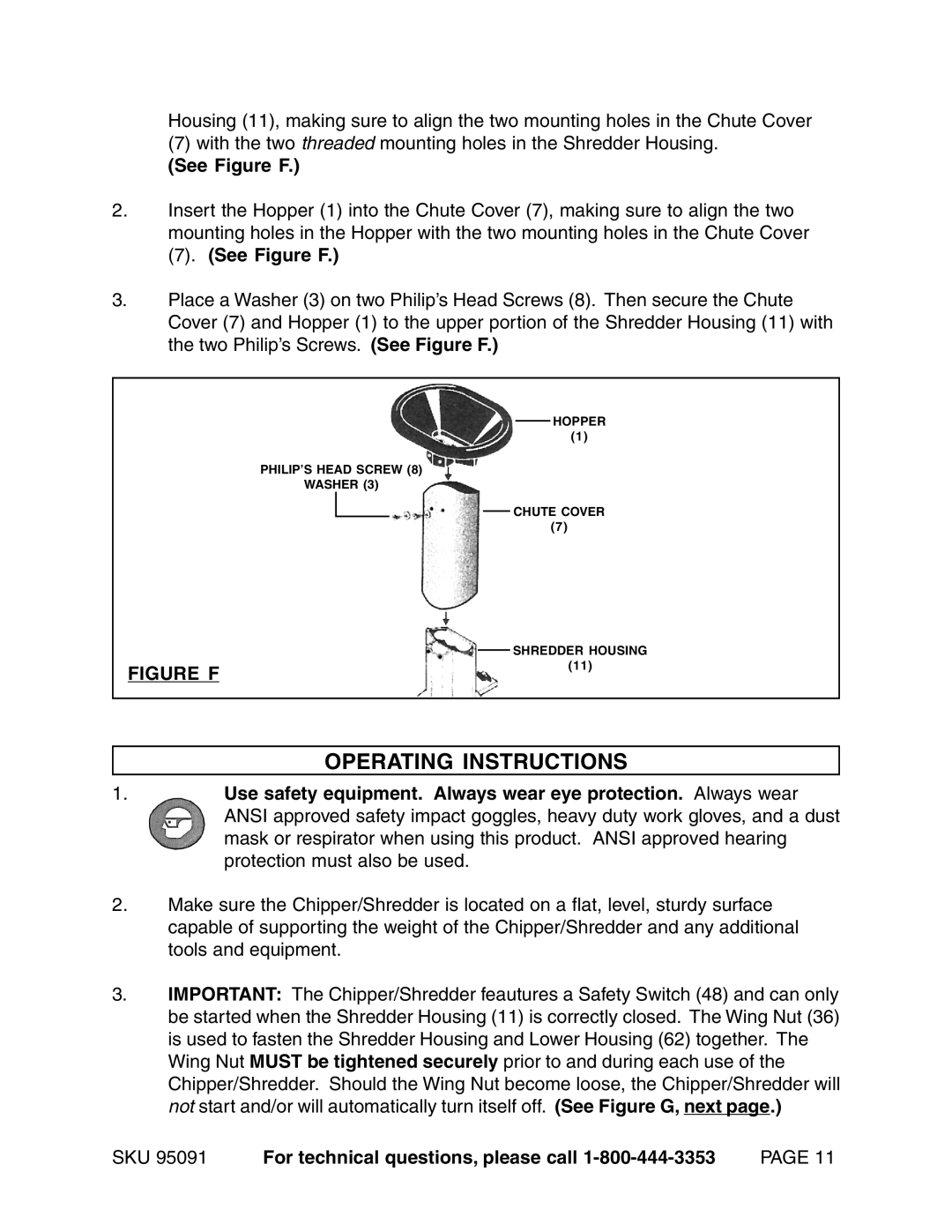 Harbor Freight Tools 95091 manual Operating Instructions, See Figure F 