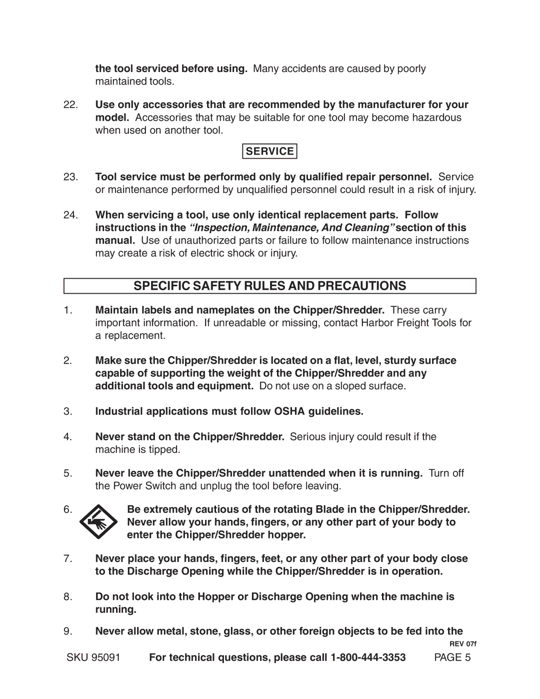 Harbor Freight Tools 95091 manual Specific Safety Rules and Precautions, Service 