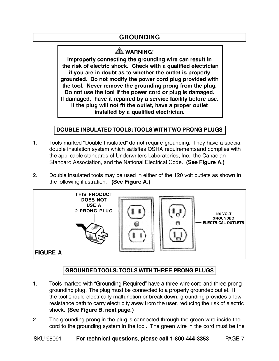Harbor Freight Tools 95091 manual Grounding, Double Insulated Tools Tools with TWO Prong Plugs 