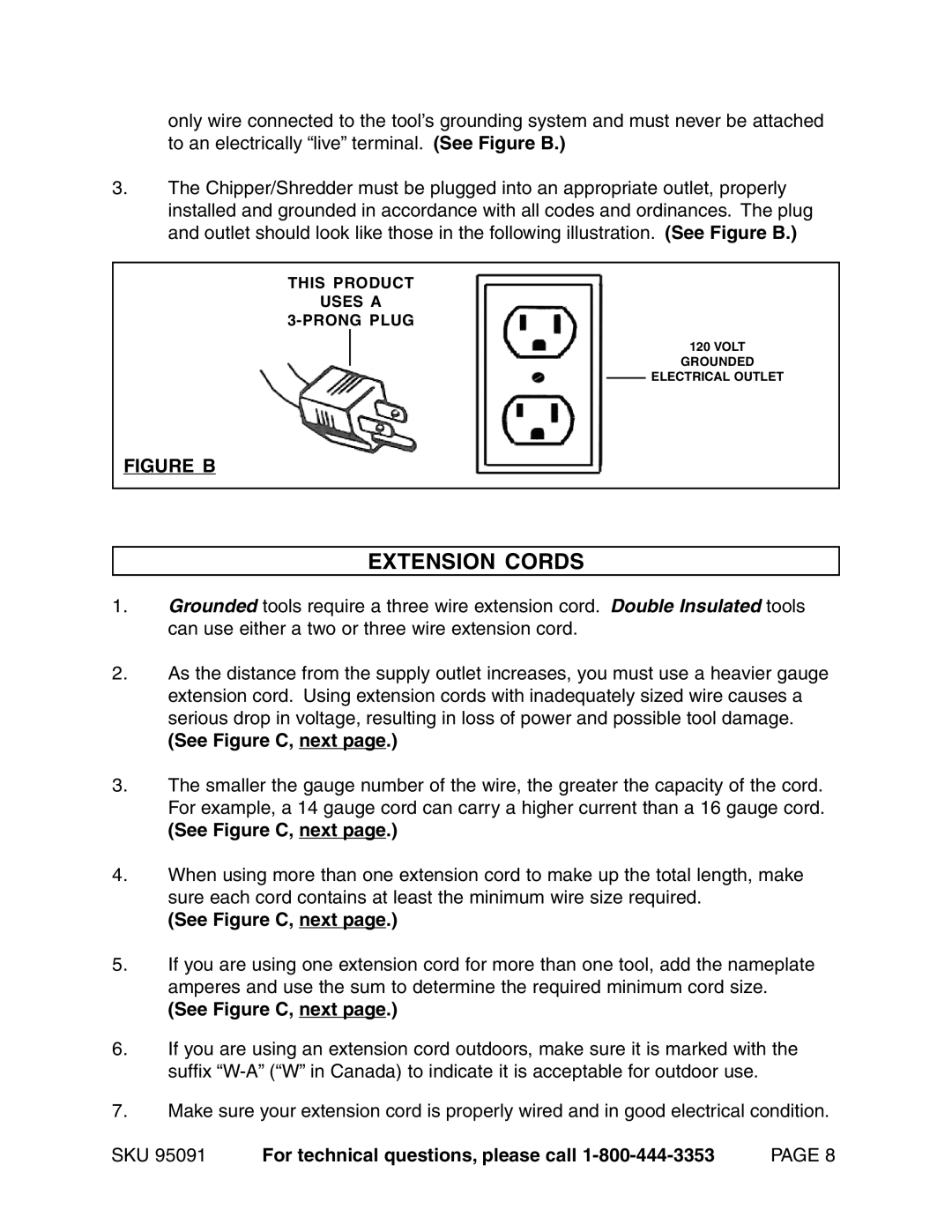 Harbor Freight Tools 95091 manual Extension Cords, See Figure C, next 