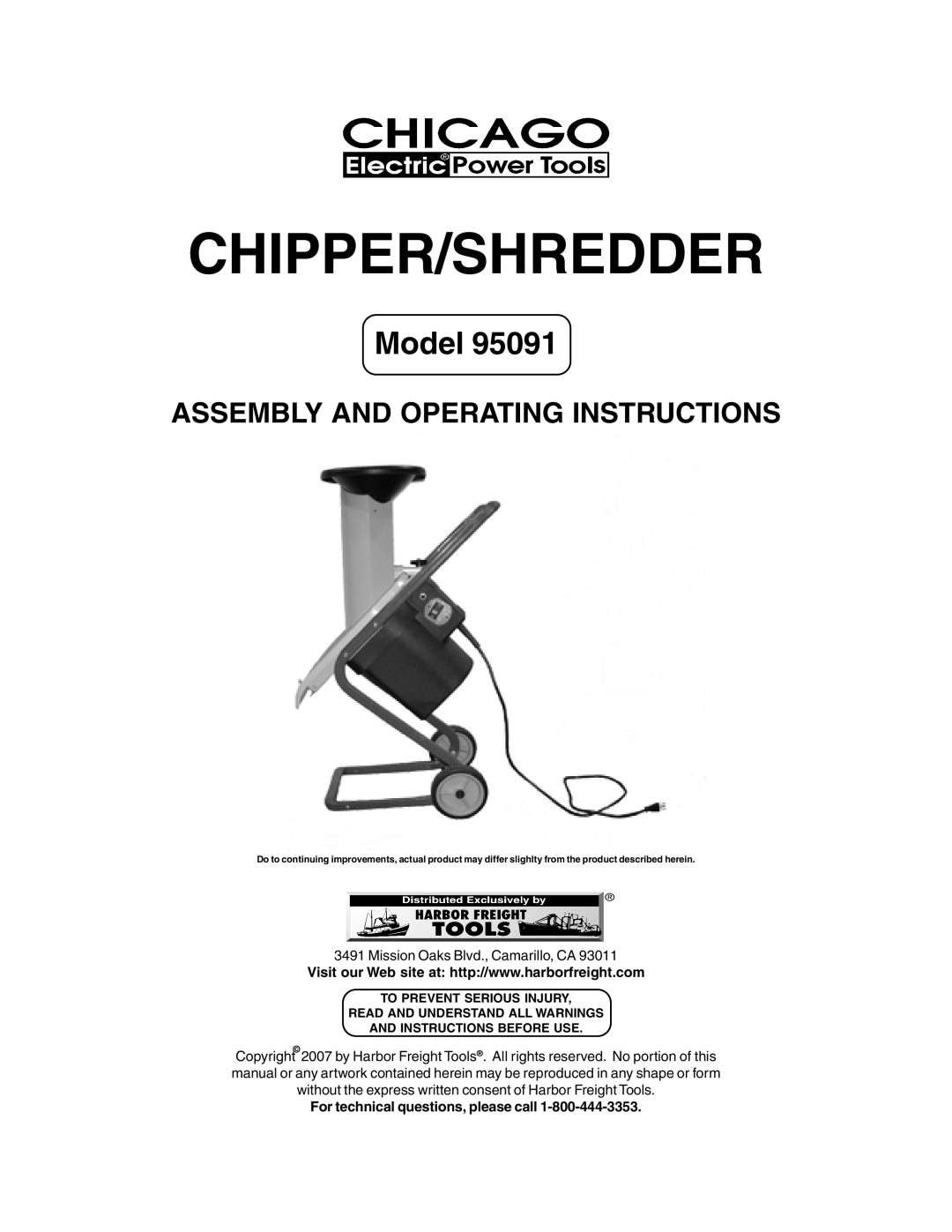 Harbor Freight Tools 95091 manual Chipper/Shredder, Model, Assembly And Operating Instructions 