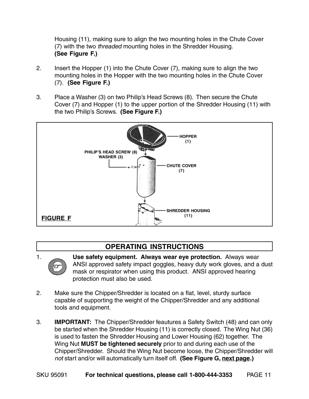 Harbor Freight Tools 95091 manual Operating Instructions, See Figure F, For technical questions, please call 