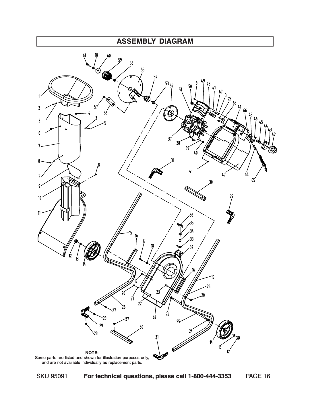 Harbor Freight Tools 95091 manual Assembly Diagram, For technical questions, please call, Page 