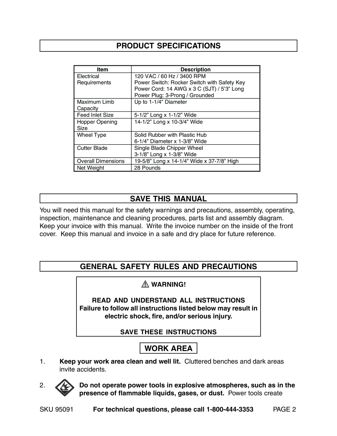 Harbor Freight Tools 95091 manual Product Specifications, Save This Manual, General Safety Rules And Precautions, Work Area 