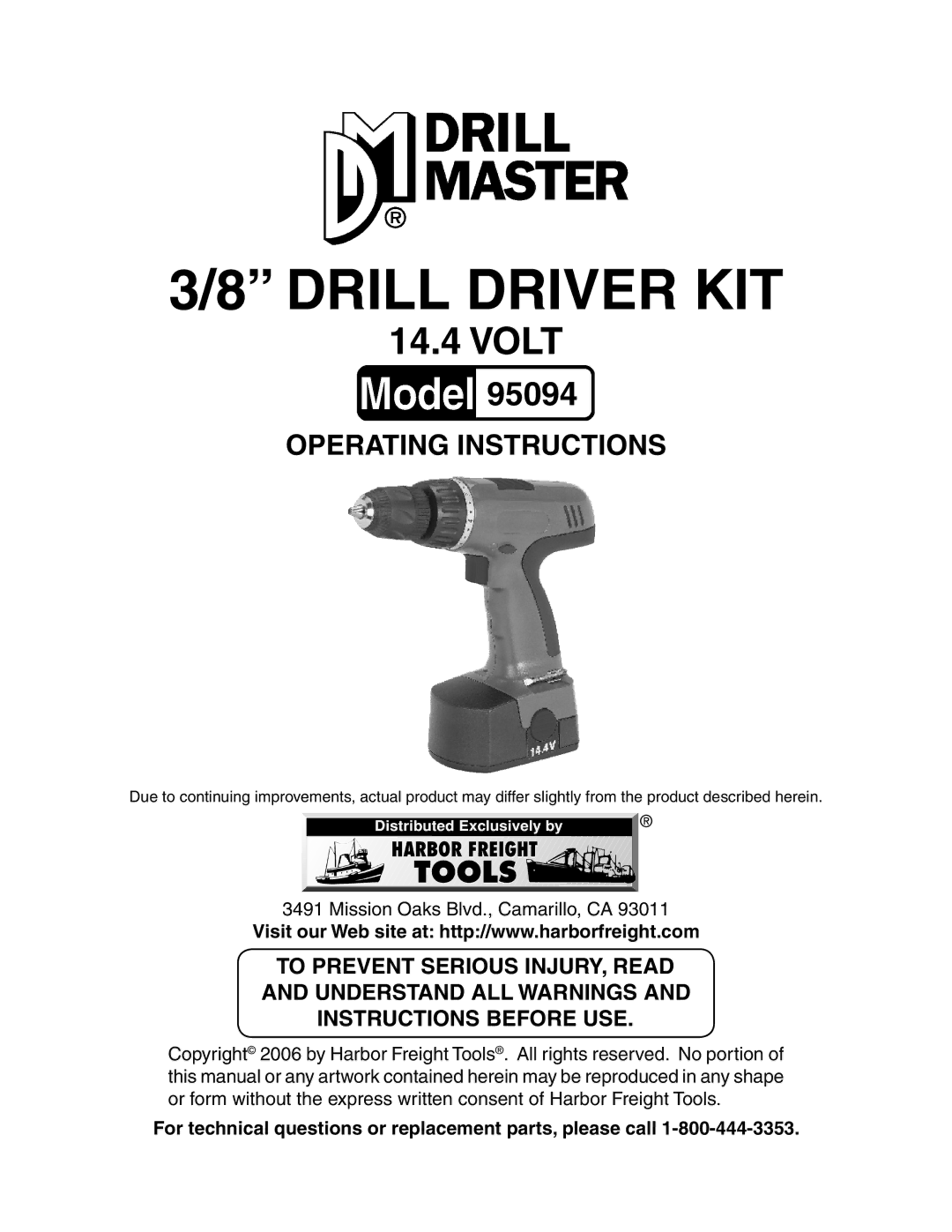 Harbor Freight Tools 95094 operating instructions Drill Driver KIT 