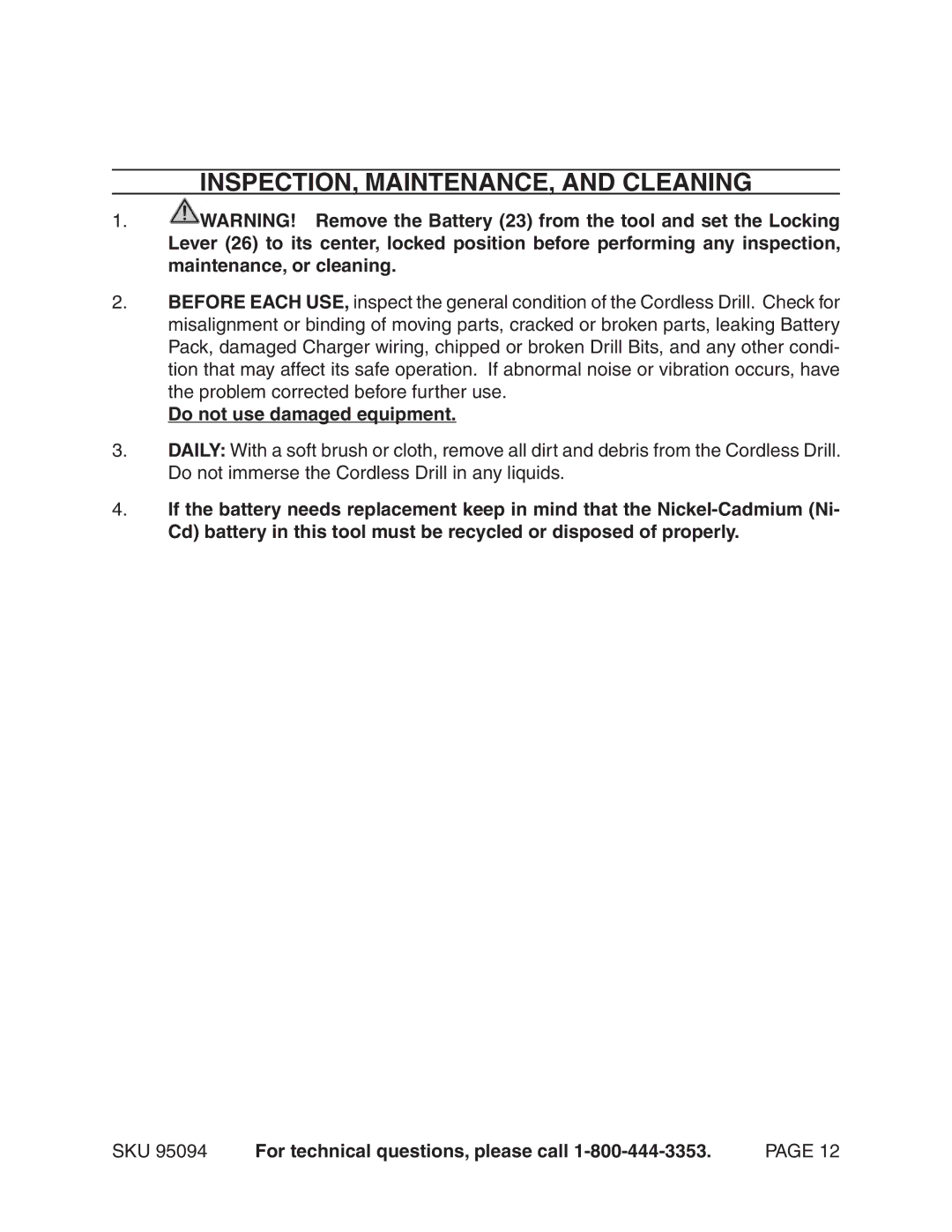 Harbor Freight Tools 95094 operating instructions INSPECTION, MAINTENANCE, and Cleaning, Do not use damaged equipment 