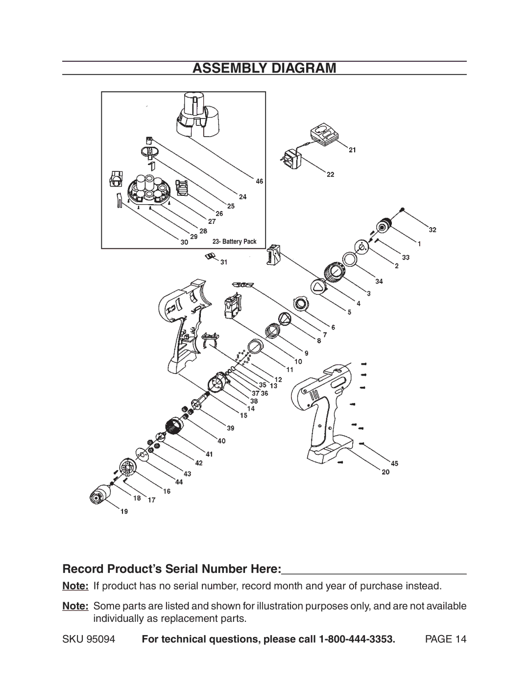 Harbor Freight Tools 95094 operating instructions Assembly Diagram, Record Product’s Serial Number Here 