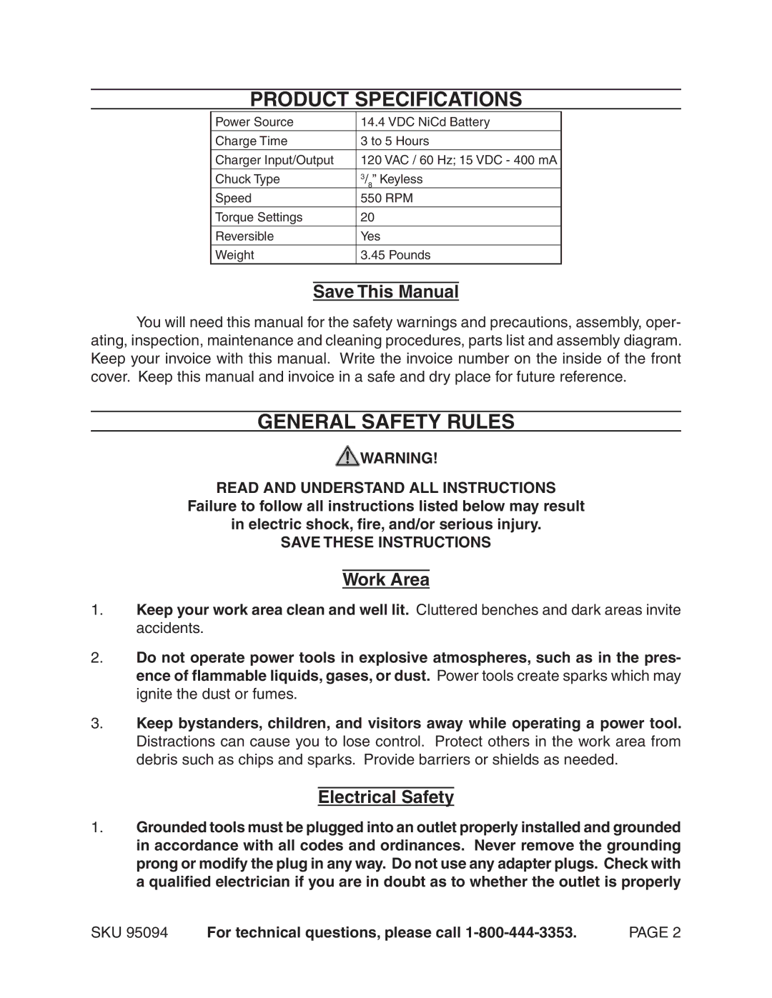 Harbor Freight Tools 95094 Product Specifications, General Safety Rules, Save This Manual, Work Area, Electrical Safety 