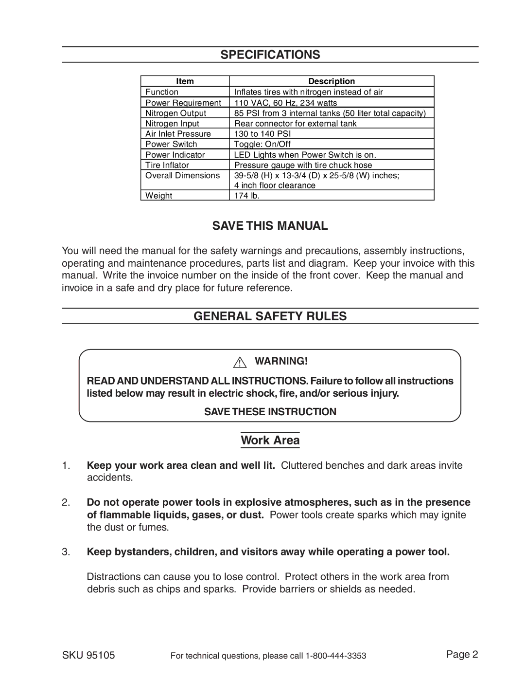 Harbor Freight Tools 95105 manual Specifications, Save this Manual, General Safety Rules, Work Area 