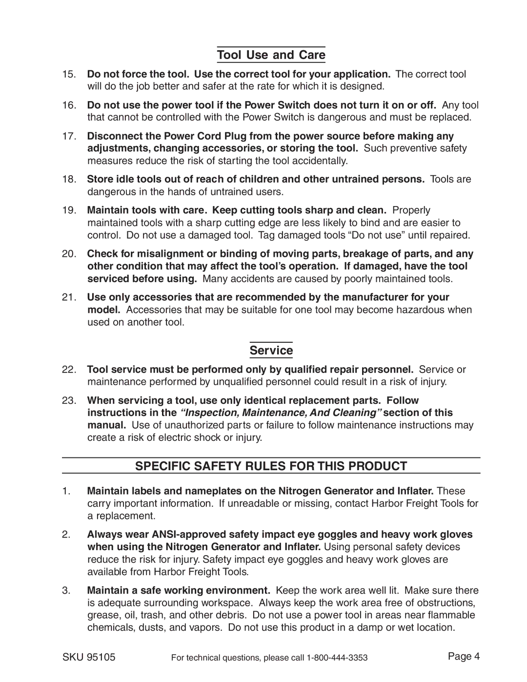 Harbor Freight Tools 95105 manual Tool Use and Care, Service, Specific Safety Rules for this Product 