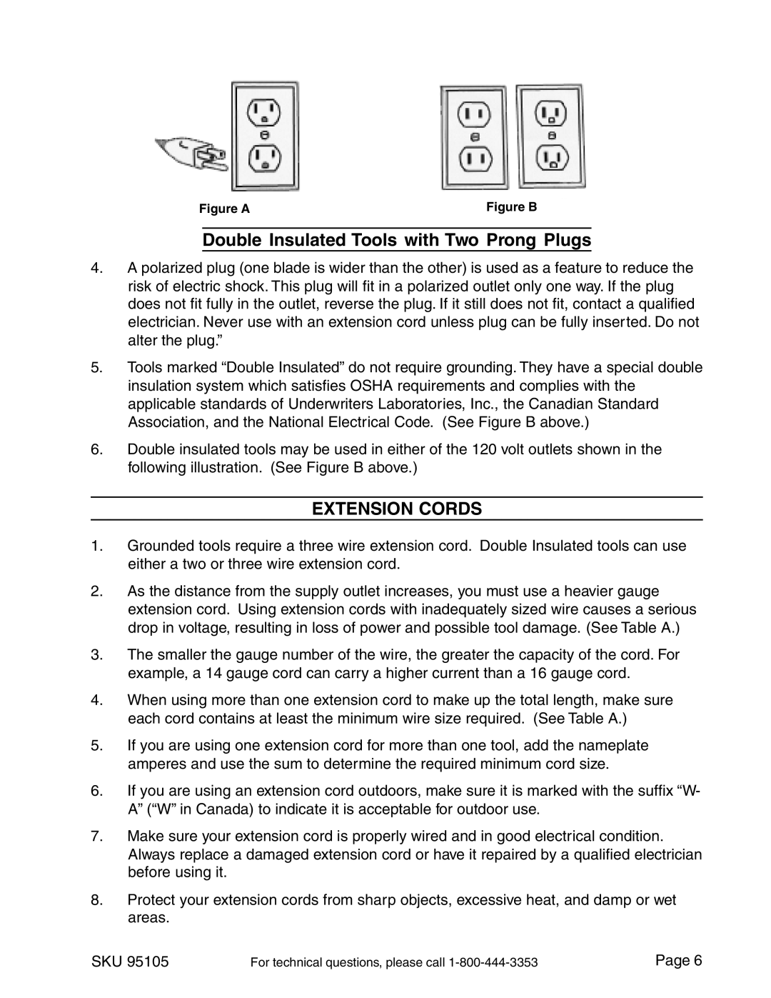 Harbor Freight Tools 95105 manual Double Insulated Tools with Two Prong Plugs, Extension Cords 