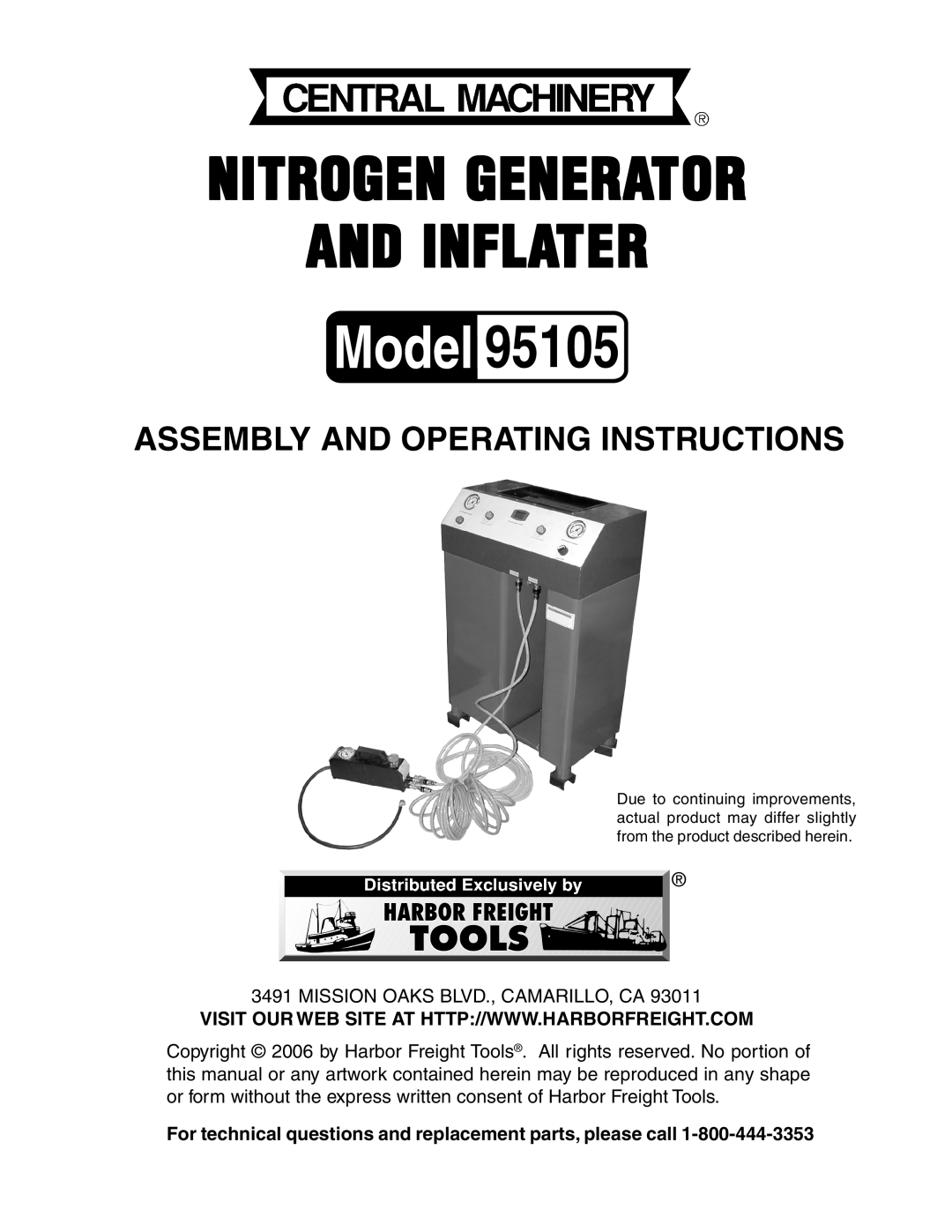 Harbor Freight Tools 95105 manual Nitrogen Generator And Inflater, Assembly And Operating Instructions 