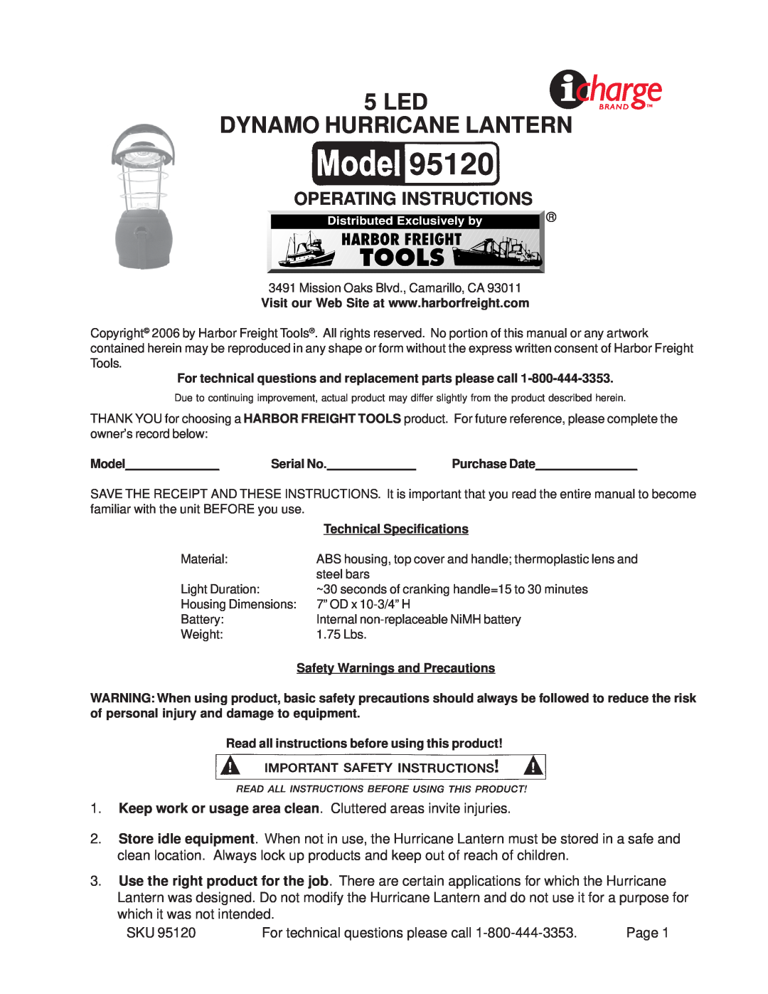 Harbor Freight Tools 95120 technical specifications Led Dynamo Hurricane Lantern, Operating Instructions, Model, Serial No 
