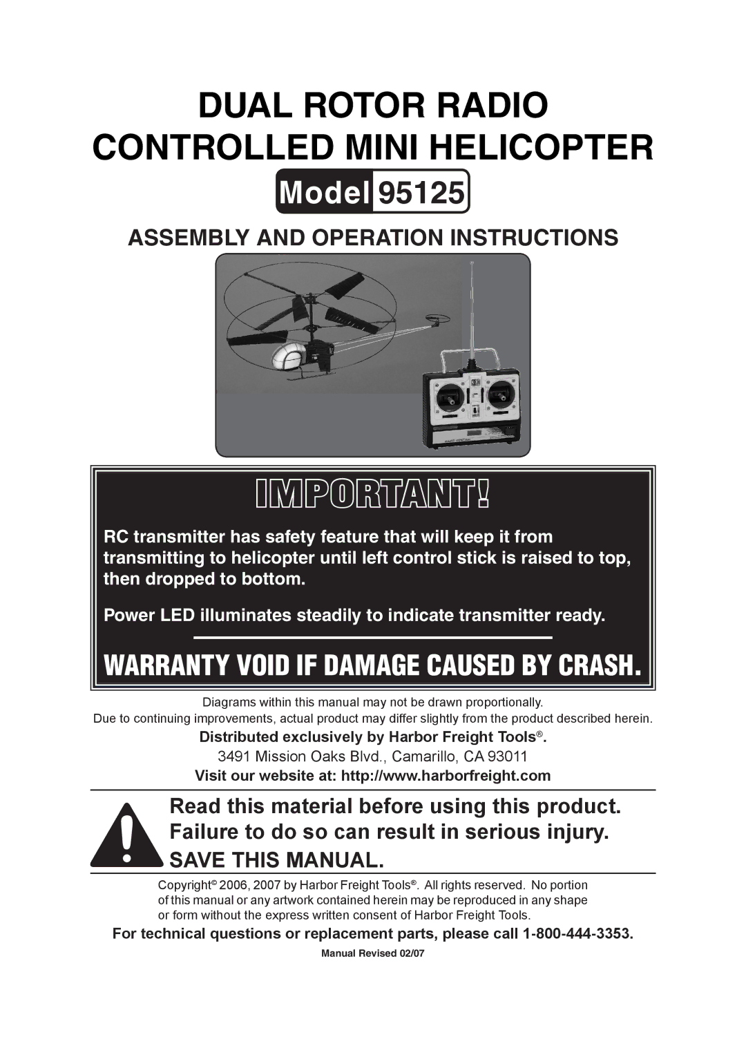 Harbor Freight Tools Dual Rotor Radio Controlled Mini Helicopter, 95125 warranty 