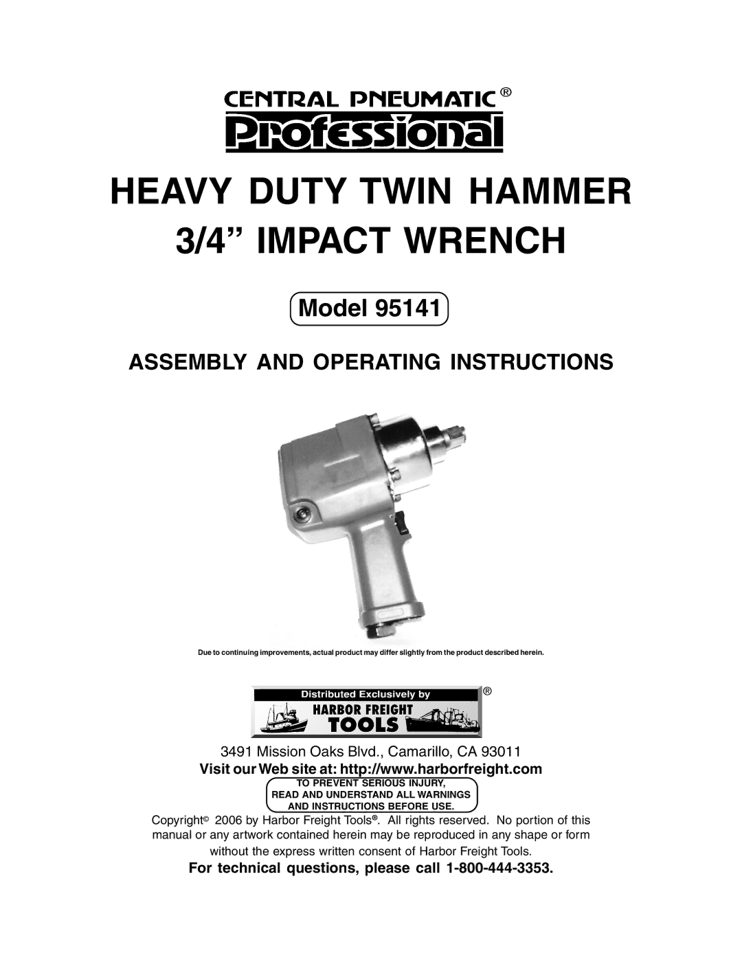 Harbor Freight Tools 95141 operating instructions Heavy Duty Twin Hammer Impact Wrench 