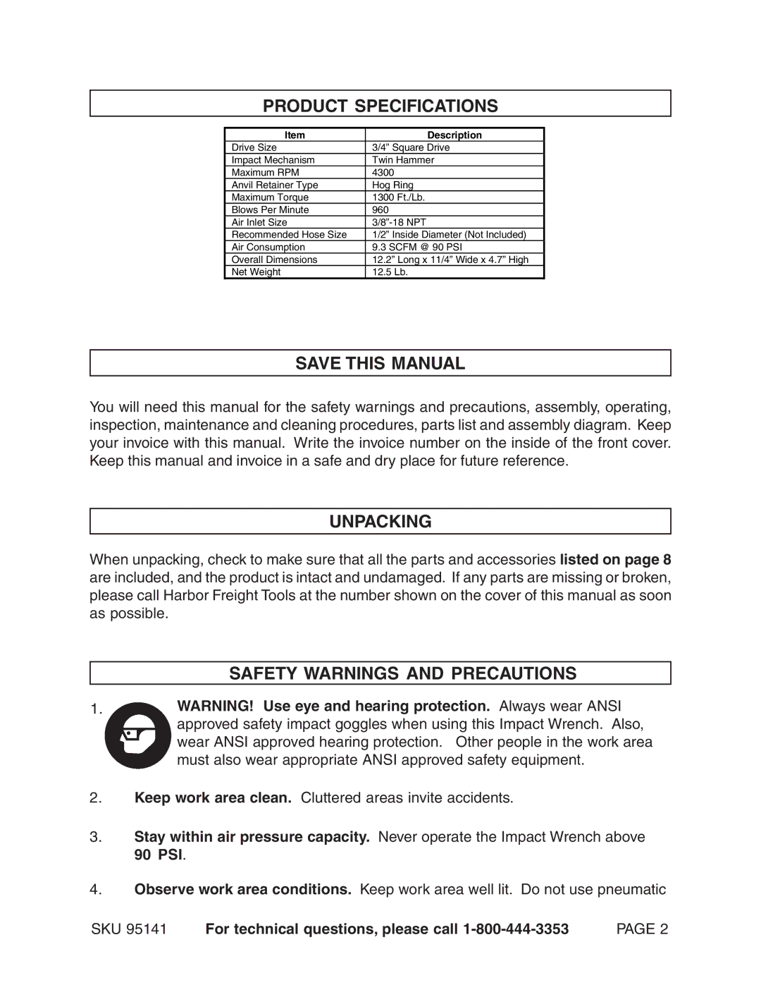 Harbor Freight Tools 95141 Product Specifications, Save this Manual, Unpacking, Safety Warnings and Precautions 