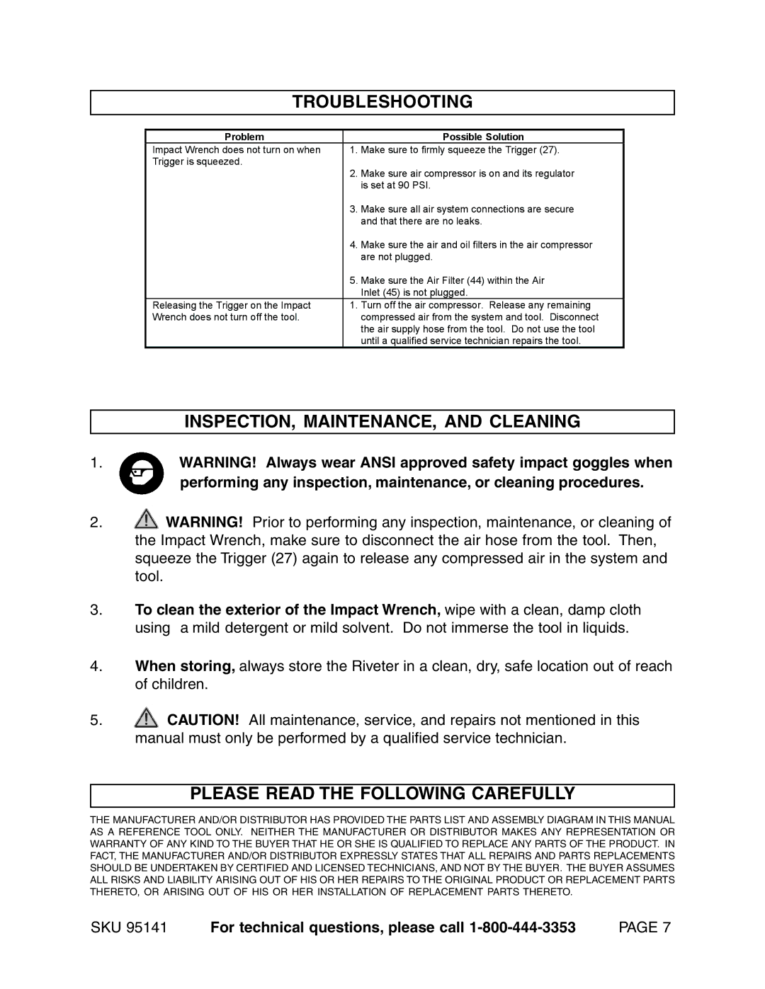 Harbor Freight Tools 95141 Troubleshooting, INSPECTION, MAINTENANCE, and Cleaning, Please Read the Following Carefully 