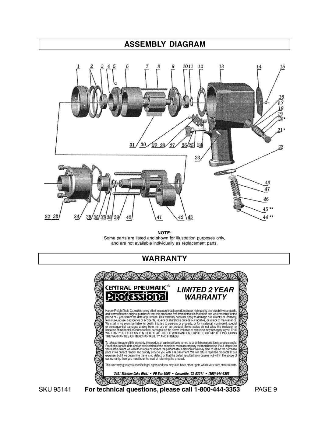 Harbor Freight Tools 95141 operating instructions Assembly Diagram, Warranty 