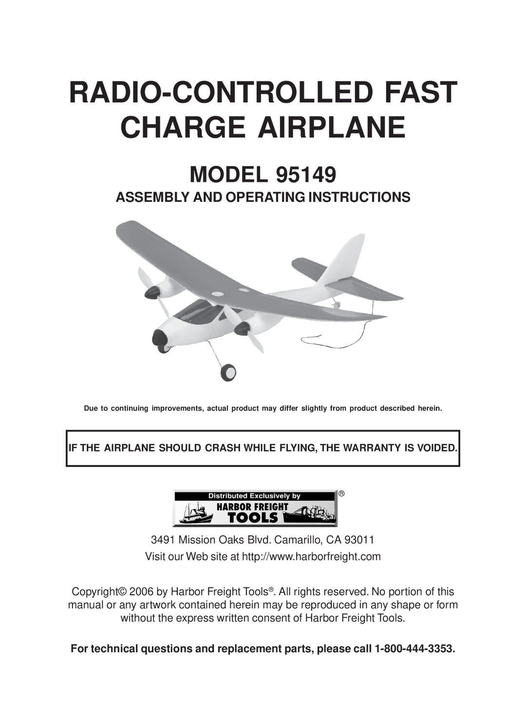 Harbor Freight Tools 95149 warranty RADIO-CONTROLLED Fast Charge Airplane 