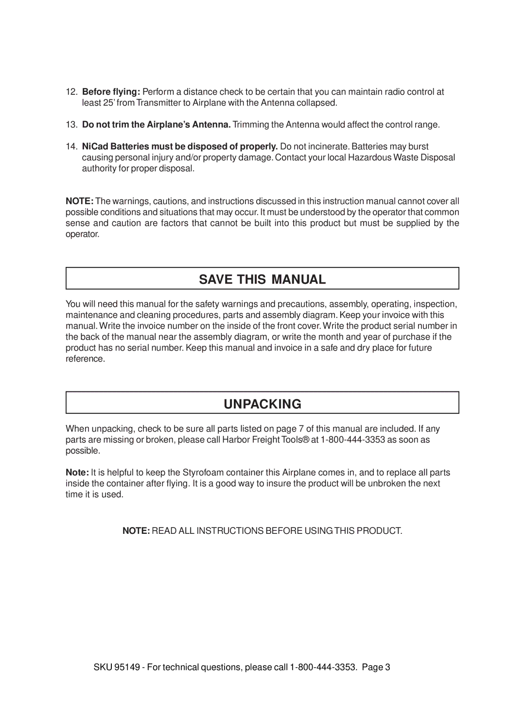 Harbor Freight Tools 95149 warranty Save this Manual, Unpacking 