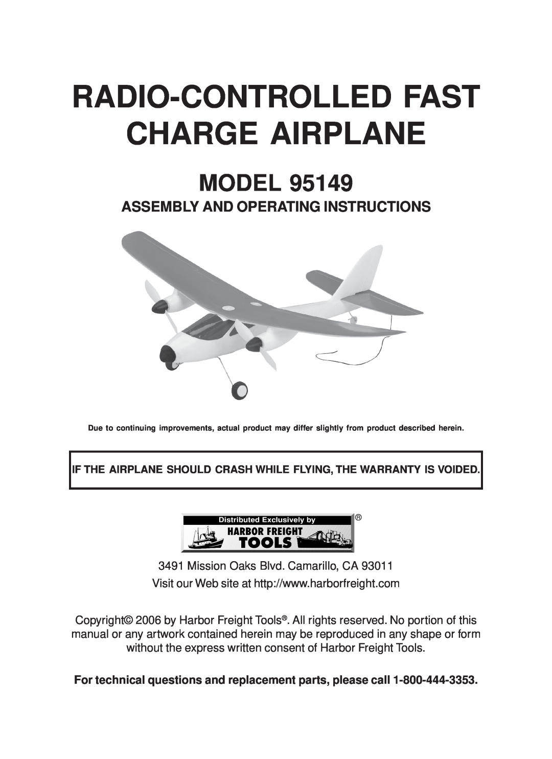 Harbor Freight Tools 95149 warranty Radio-Controlledfast Charge Airplane, Model, Assembly And Operating Instructions 