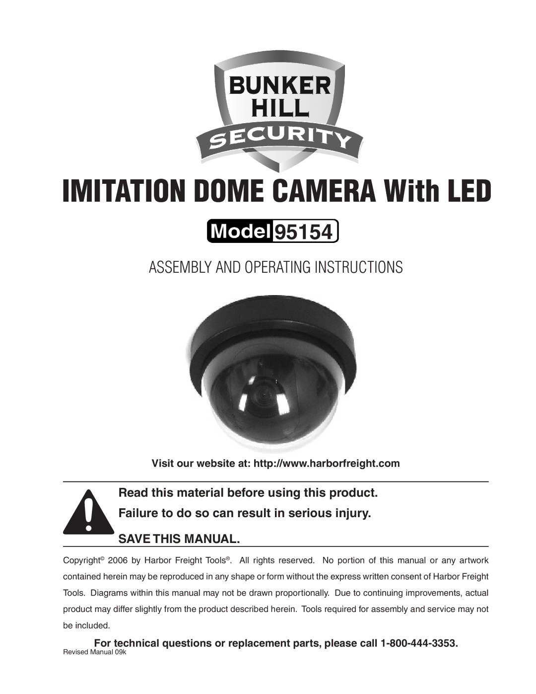 Harbor Freight Tools 95154 operating instructions Imitation Dome Camera With LED 