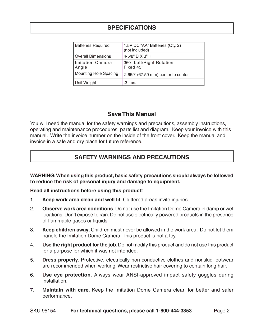 Harbor Freight Tools 95154 operating instructions Specifications, Safety Warnings and Precautions 