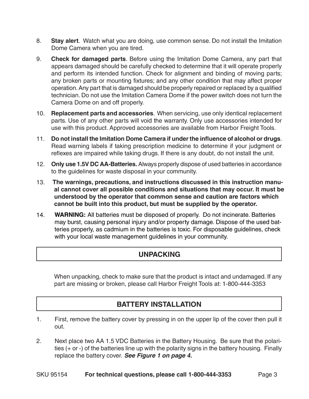 Harbor Freight Tools 95154 operating instructions Unpacking, Battery Installation 