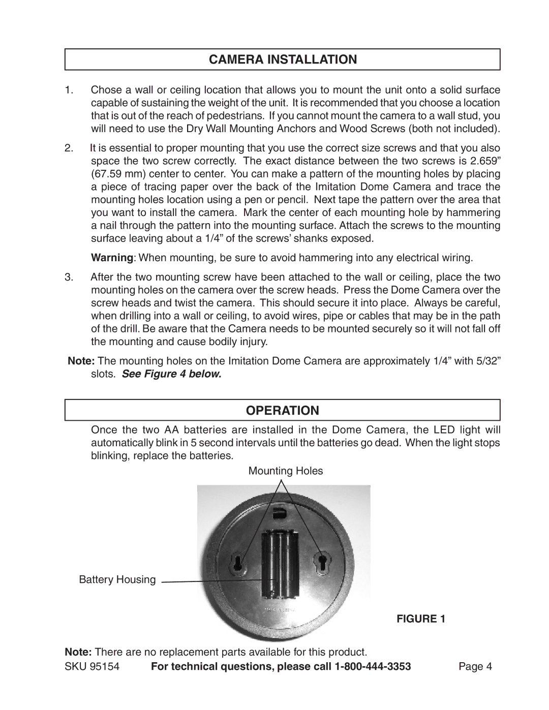 Harbor Freight Tools 95154 operating instructions Camera Installation, Operation 