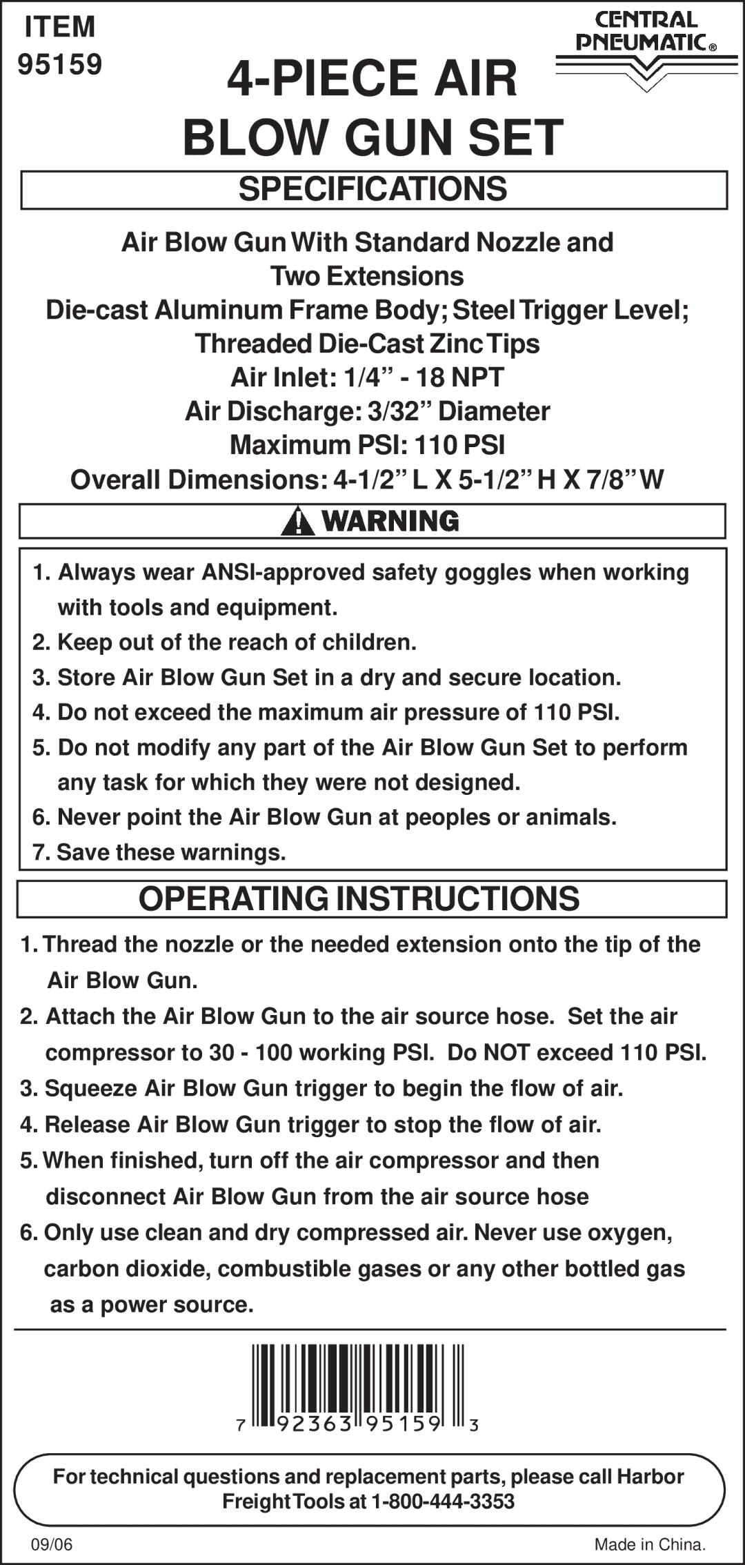 Harbor Freight Tools 95159 specifications Piece AIR Blow GUN SET, Specifications, Operating Instructions 