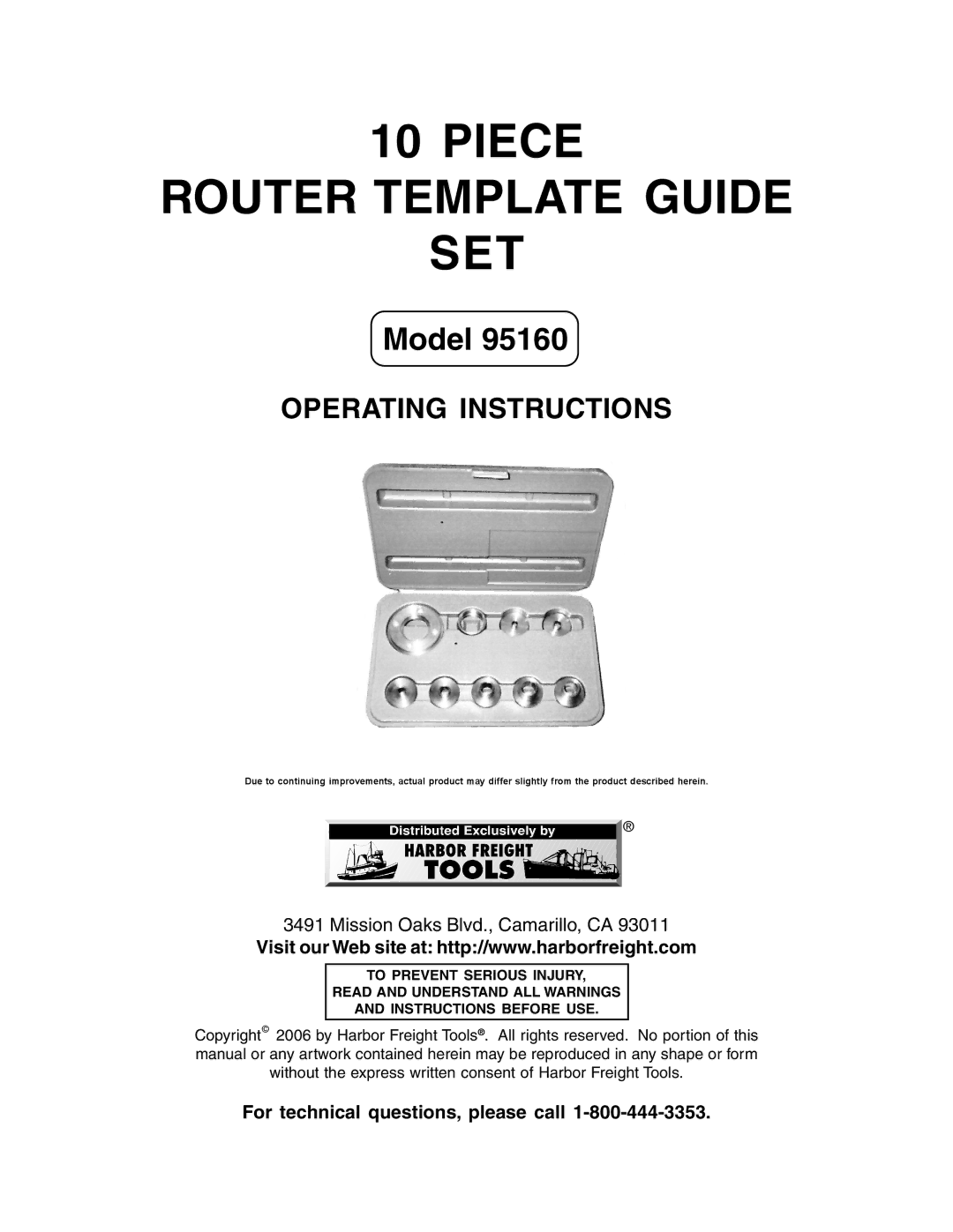 Harbor Freight Tools 95160 operating instructions Piece Router Template Guide SET, For technical questions, please call 