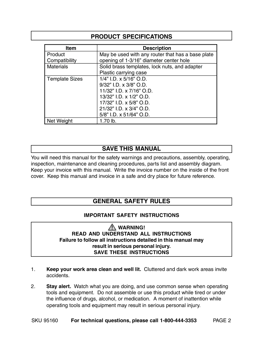 Harbor Freight Tools 95160 Product Specifications, Save this Manual, General Safety Rules, Description 