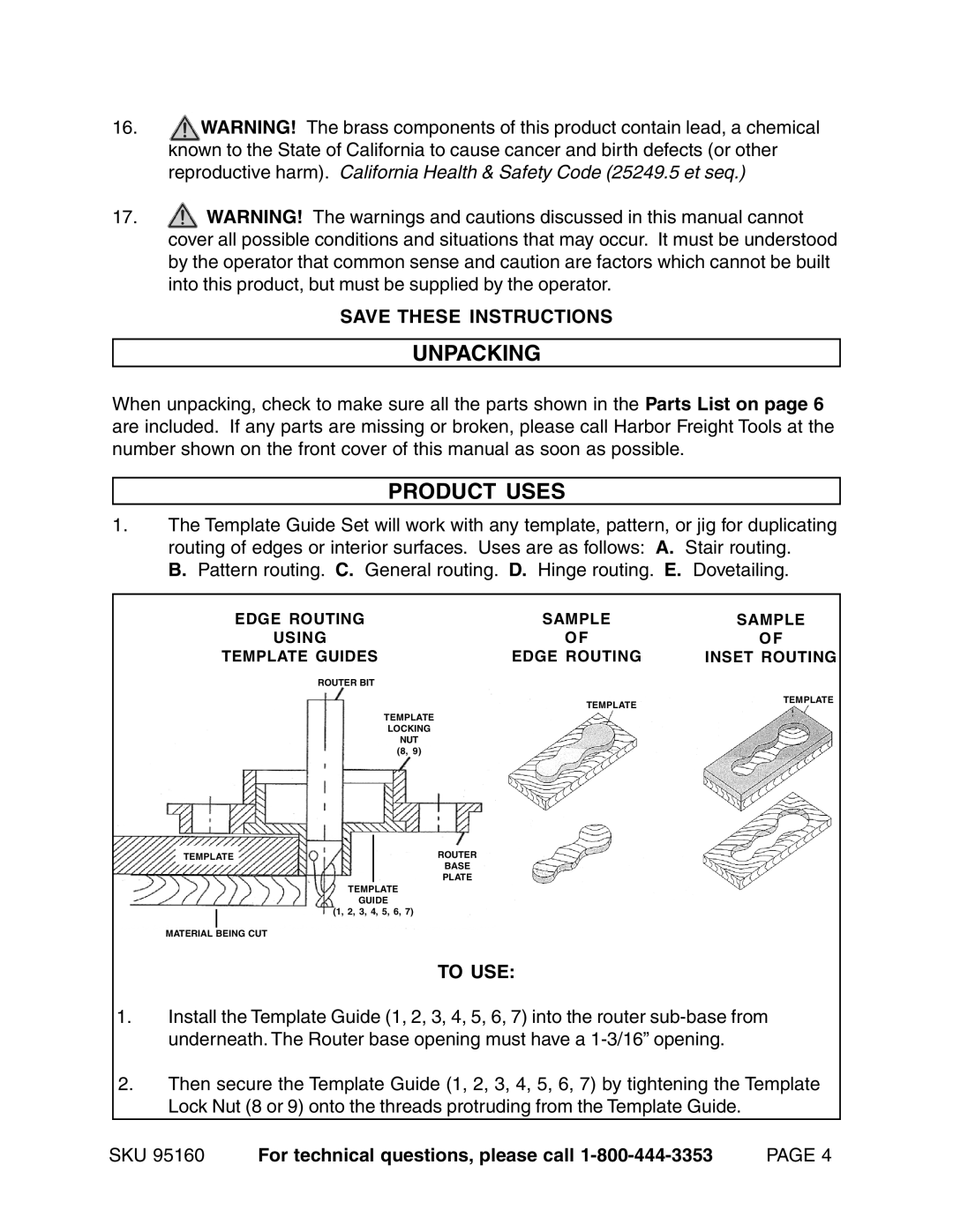 Harbor Freight Tools 95160 operating instructions Unpacking, Product Uses 