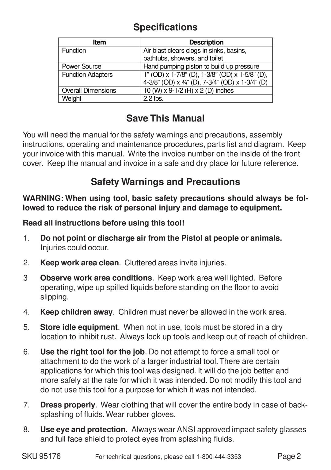 Harbor Freight Tools 95176 manual Specifications, Save This Manual, Safety Warnings and Precautions 