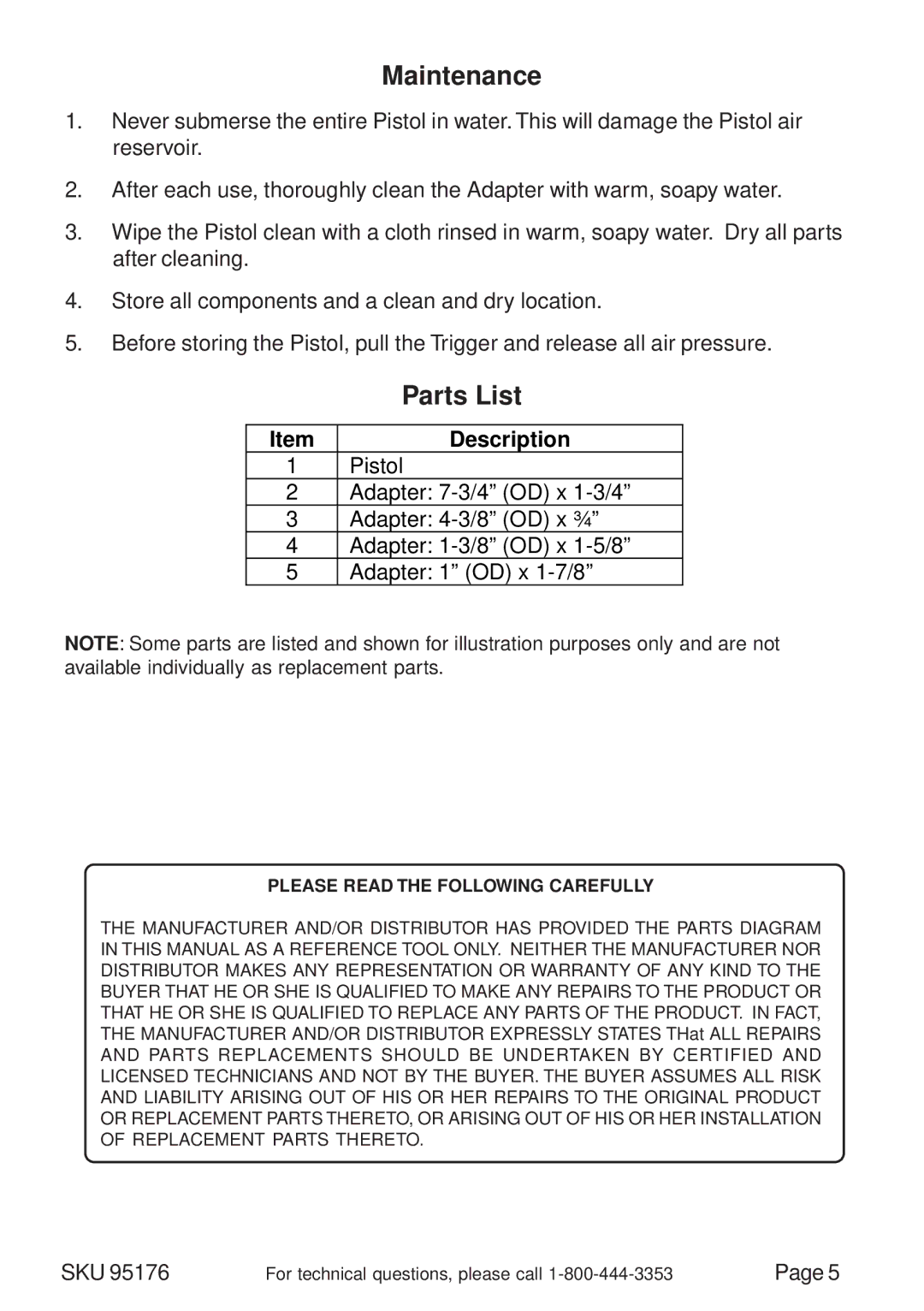 Harbor Freight Tools 95176 manual Maintenance, Parts List 