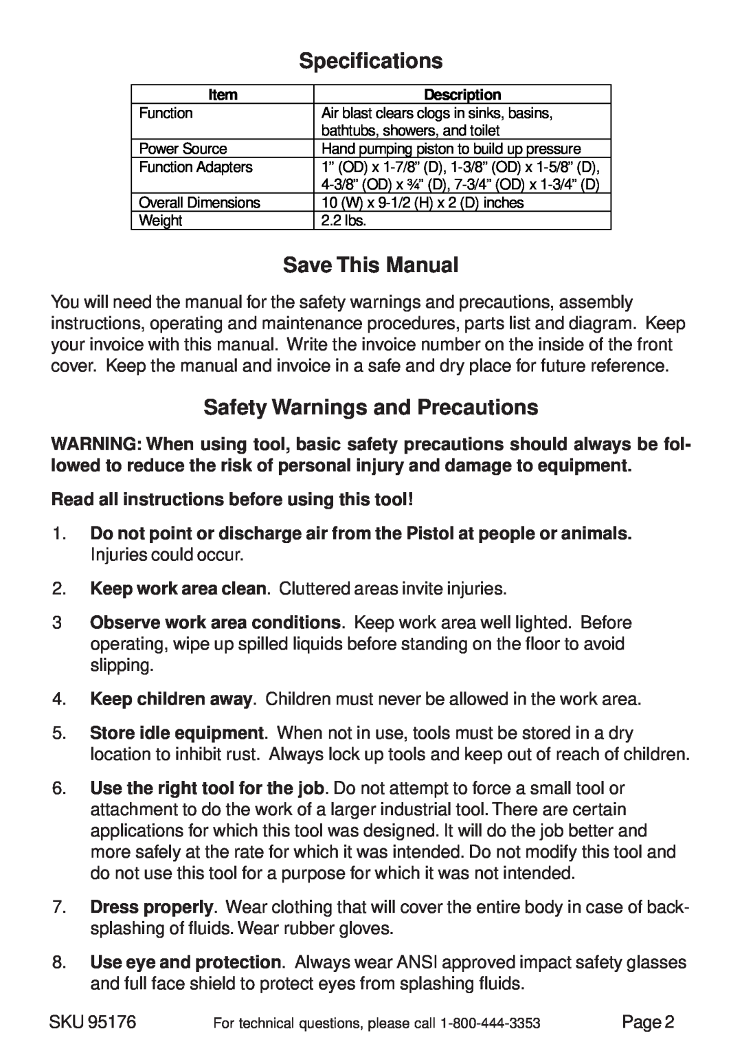 Harbor Freight Tools 95176 manual Specifications, Save This Manual, Safety Warnings and Precautions 