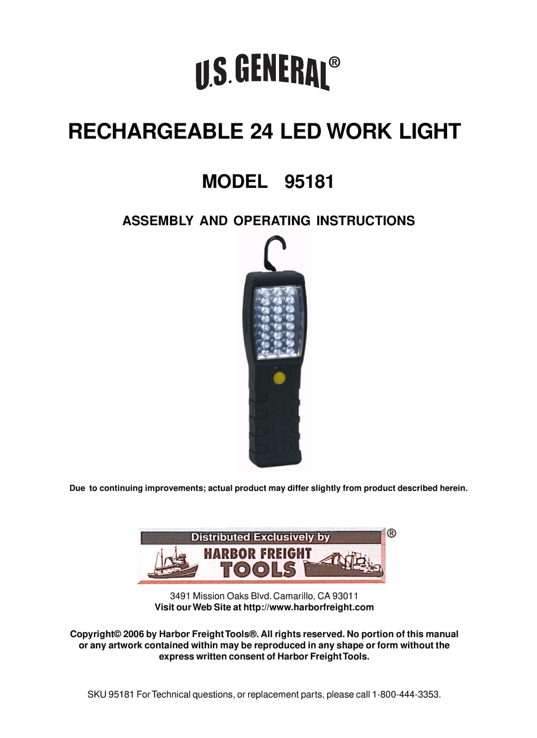 Harbor Freight Tools 95181 operating instructions Rechargeable 24 LED Work Light, Assembly and Operating Instructions 