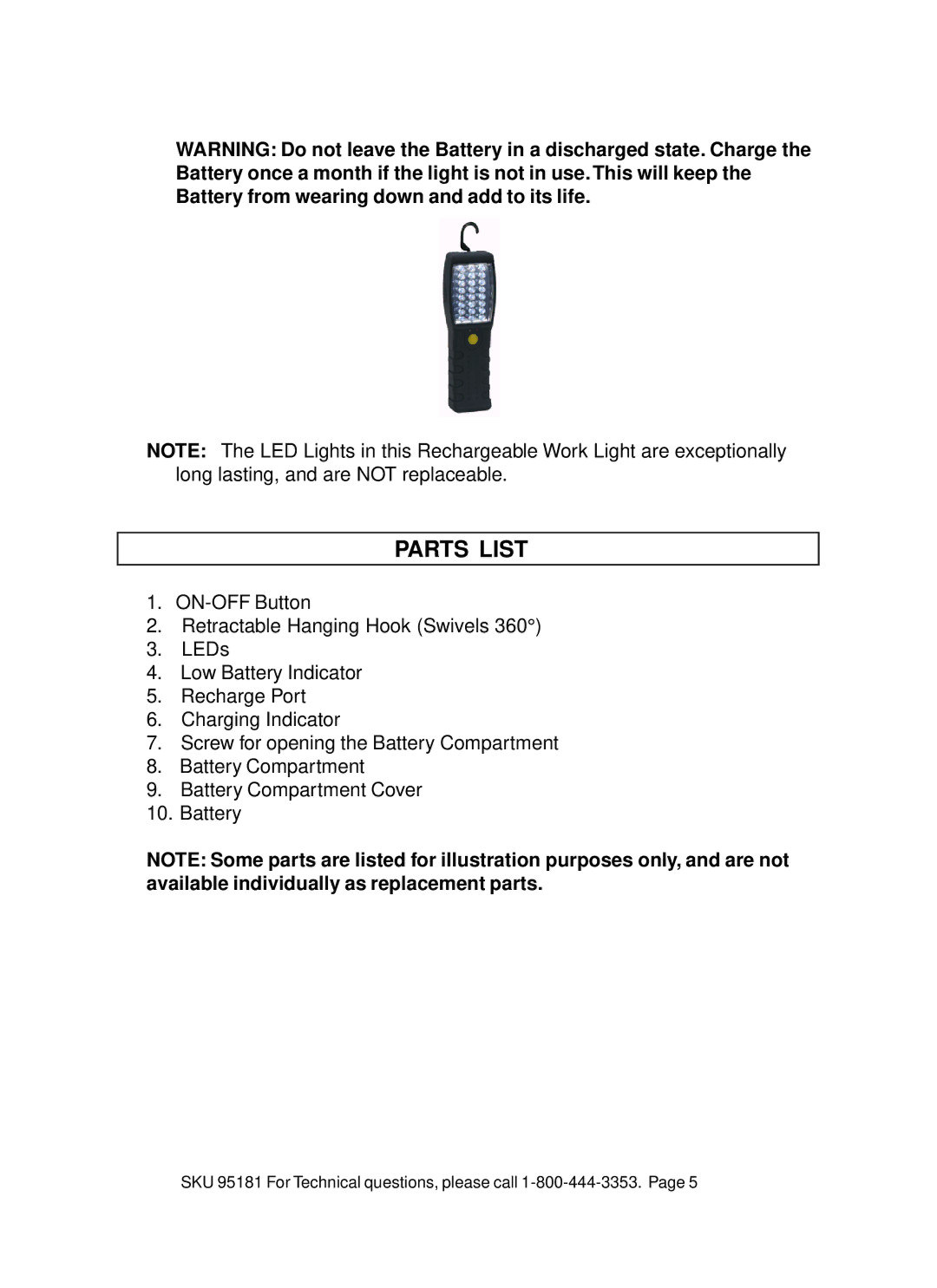 Harbor Freight Tools 95181 operating instructions Parts List 