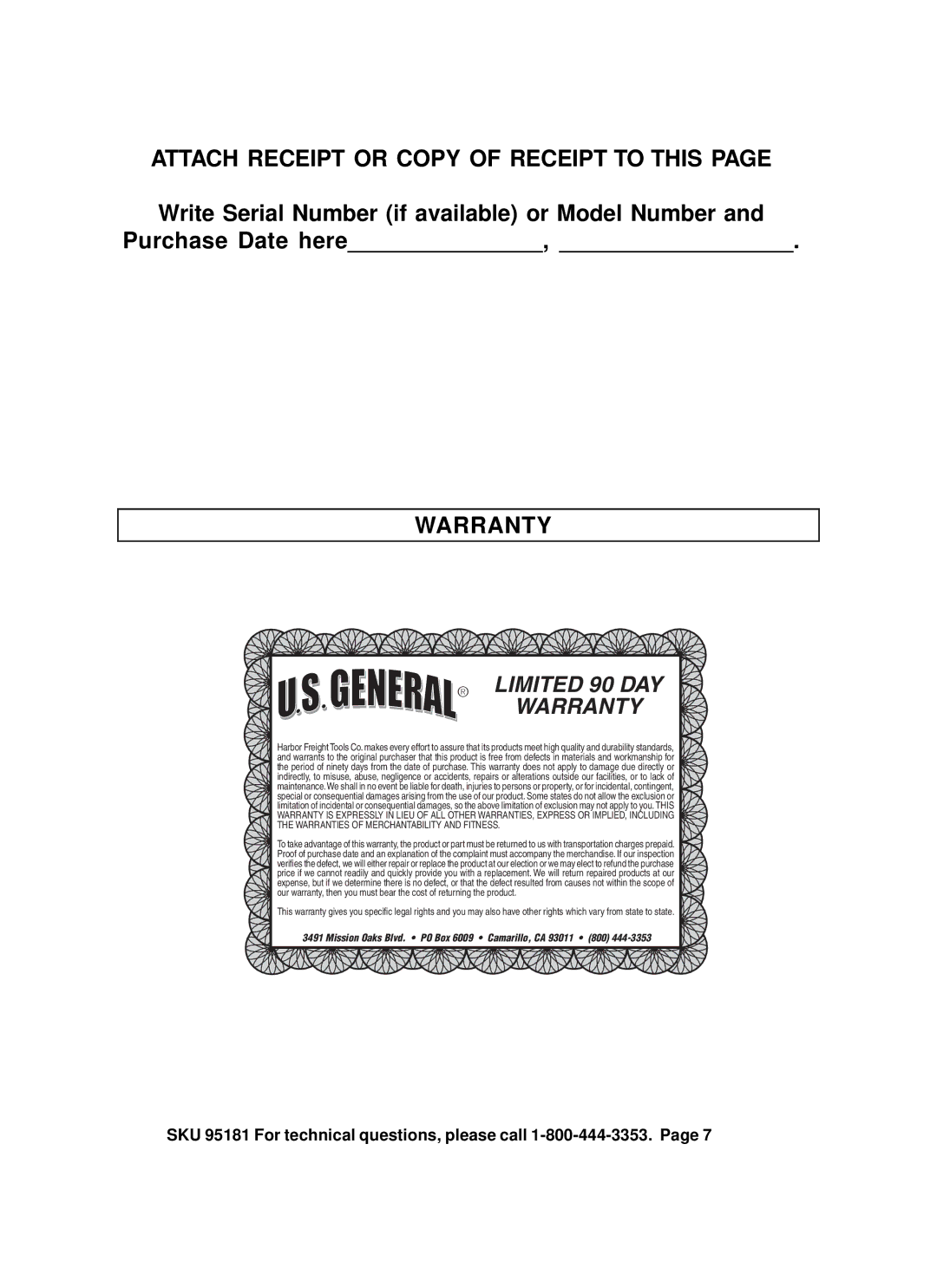 Harbor Freight Tools 95181 operating instructions Attach Receipt or Copy of Receipt to this, Warranty 