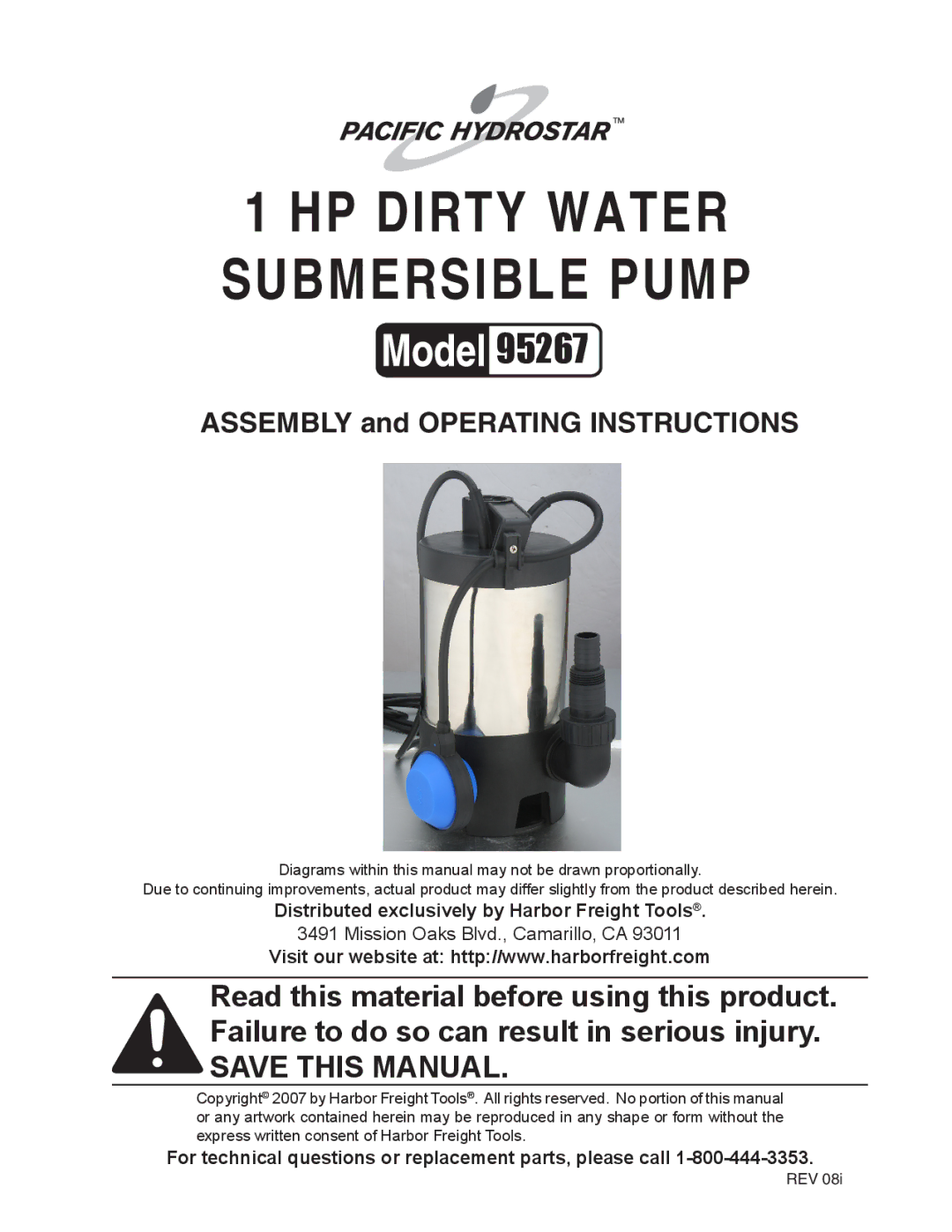 Harbor Freight Tools 95267 manual HP Dirty Water Submersible Pump 