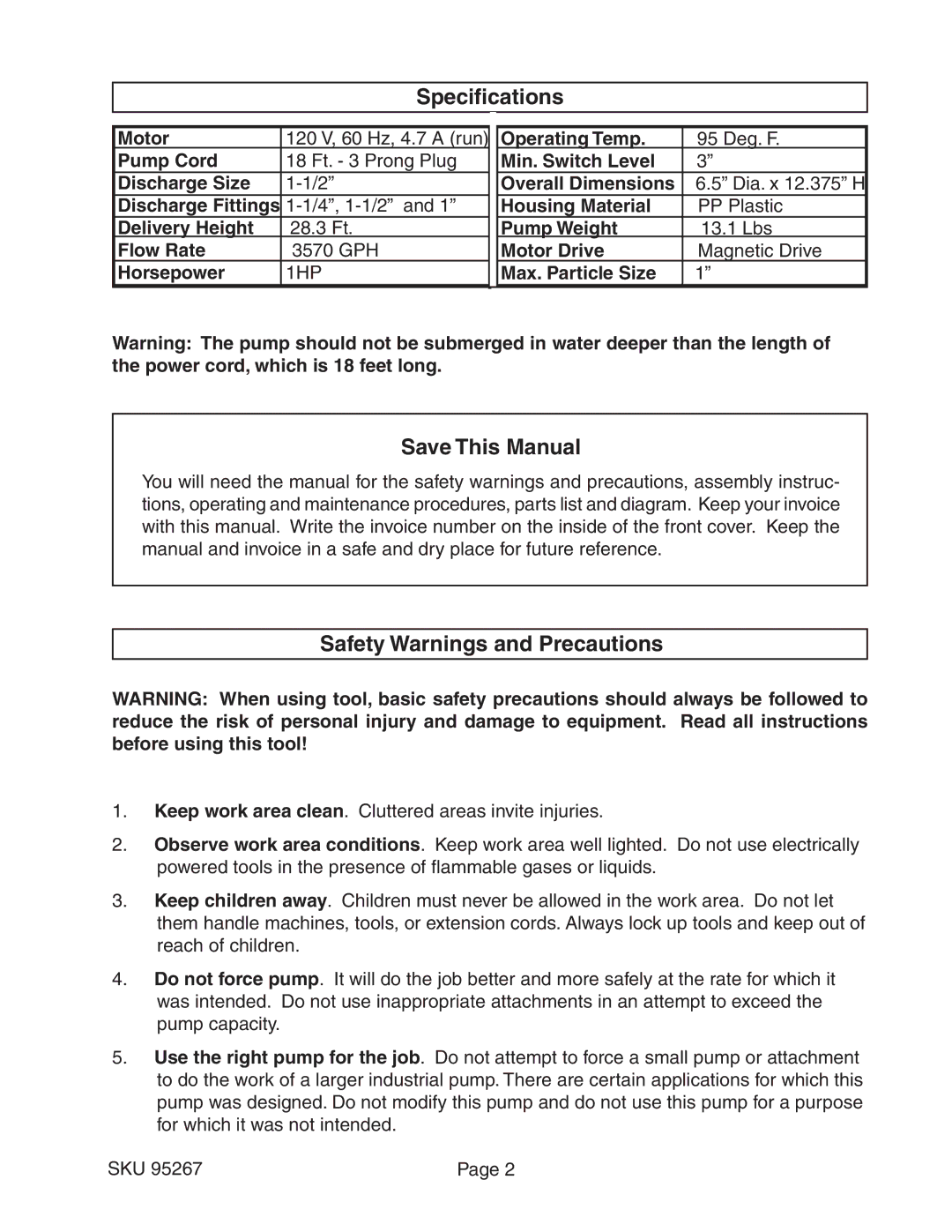 Harbor Freight Tools 95267 manual Specifications, Save This Manual, Safety Warnings and Precautions 