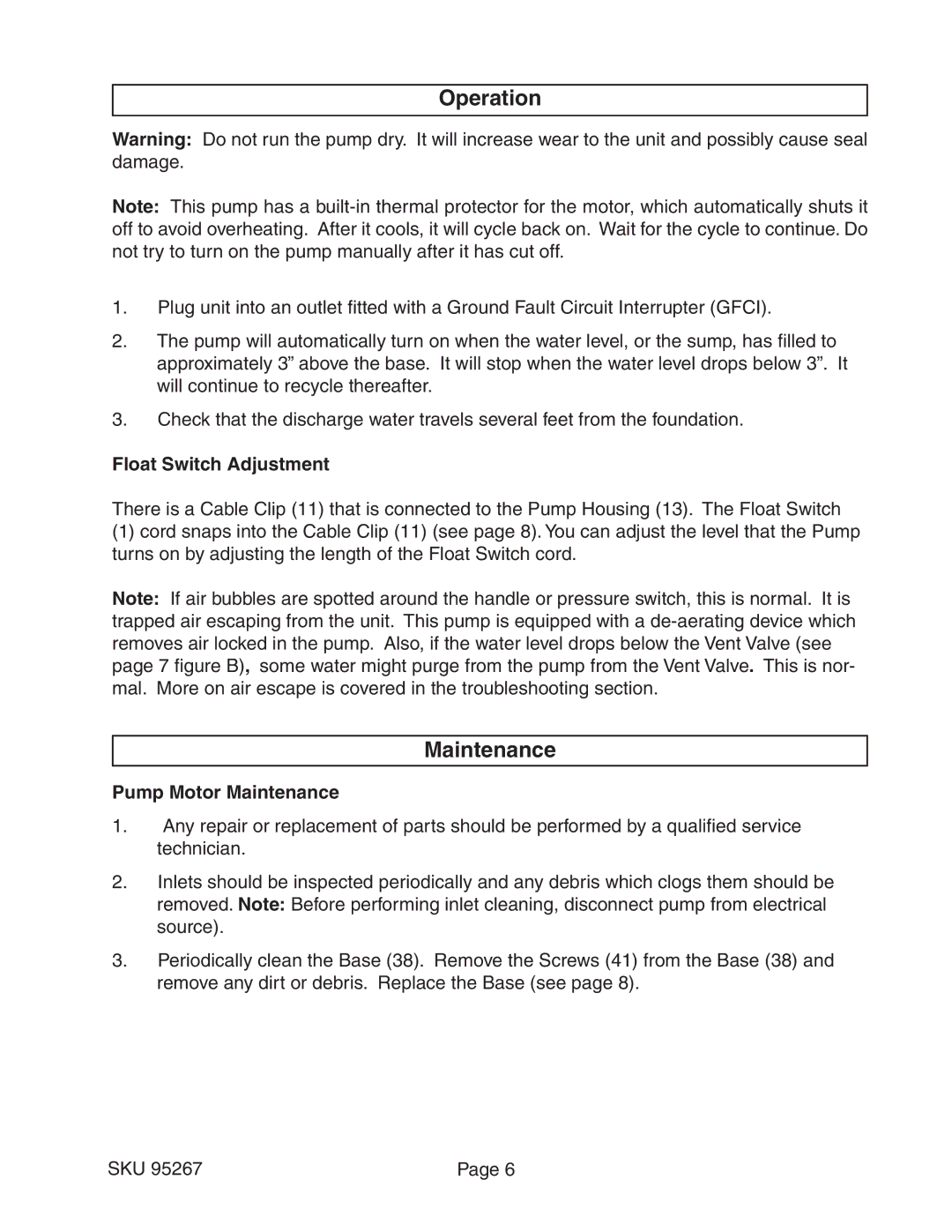 Harbor Freight Tools 95267 manual Operation, Maintenance 