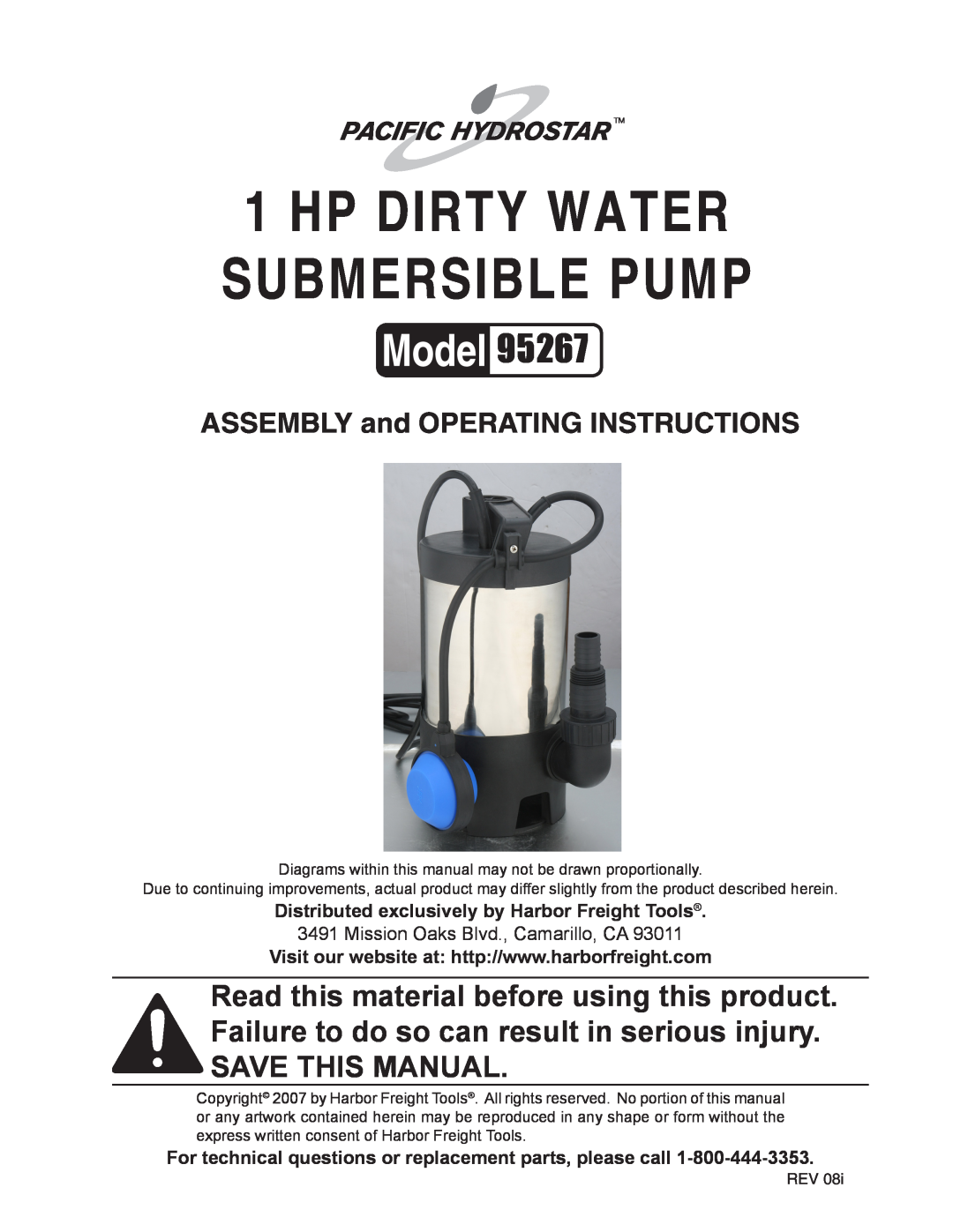 Harbor Freight Tools 95267 manual Hp Dirty Water Submersible Pump, ASSEMBLY and OPERATING INSTRUCTIONS 