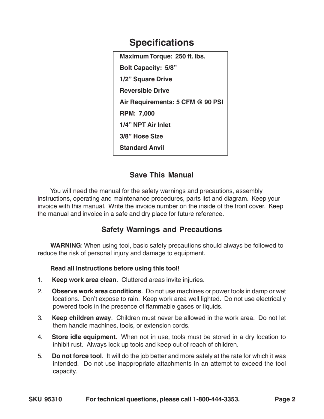 Harbor Freight Tools 95310 Save This Manual, Safety Warnings and Precautions, Read all instructions before using this tool 