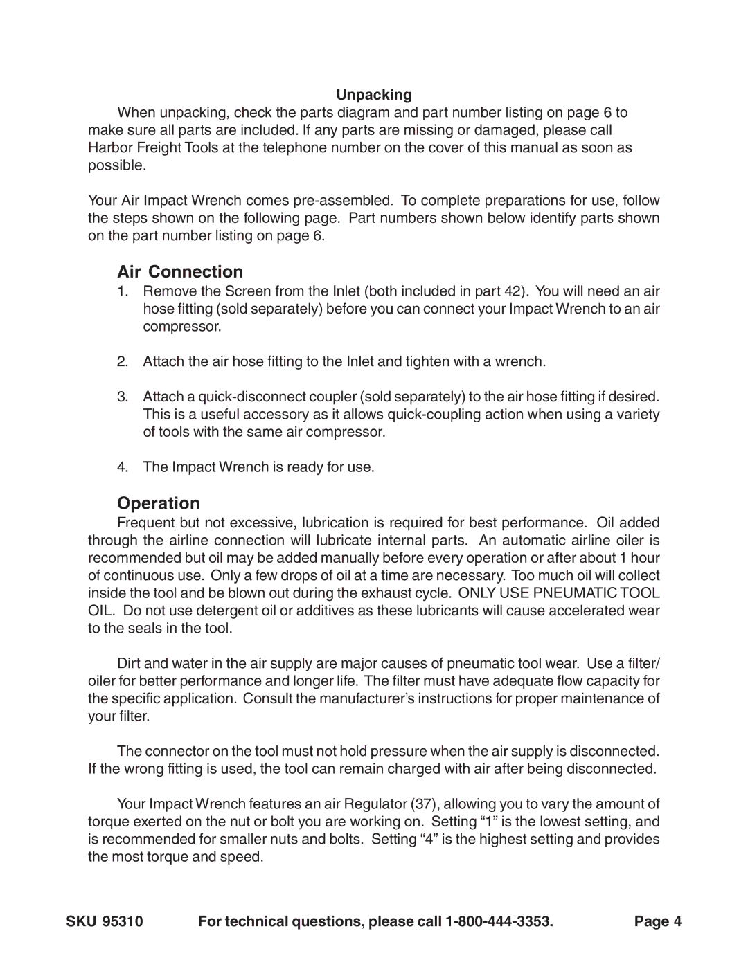 Harbor Freight Tools 95310 operating instructions Air Connection, Operation, Unpacking 