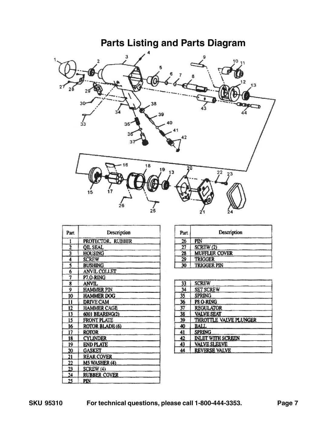 Harbor Freight Tools 95310 operating instructions Parts Listing and Parts Diagram 